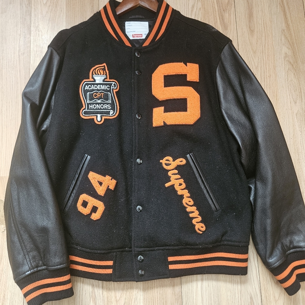 Supreme Black and Orange Bomber Jacket with Varsity Style